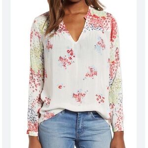 Lucky Brand White Floral Blouse Viscose Loose Fit Boho Casual Fun XL Lightweight